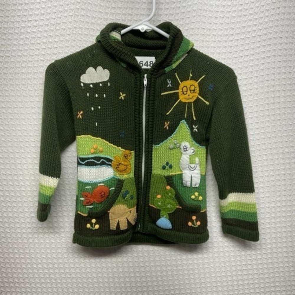 VTG Green Animal Farm Hand Knit Hooded Full Zip Cardigan Child 3-5T Wool Bend